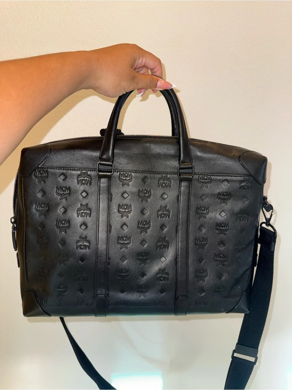 MCM Monograph Water Resistant Leather Briefcase embossed logo pattern